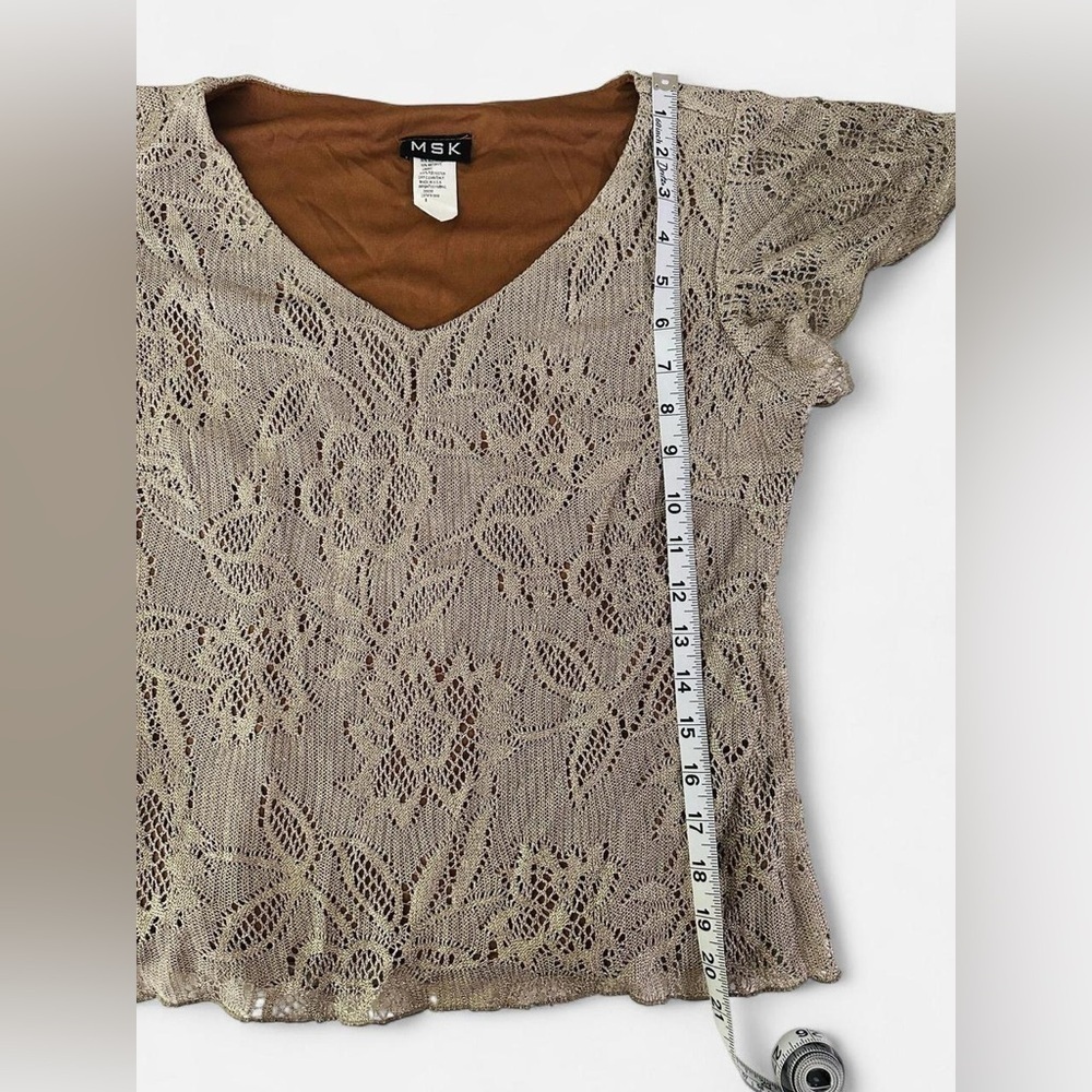 Vintage MSK Taupe Metallic Leaf Knit Flutter Sleeve Blouse Small - Picture 6 of 6